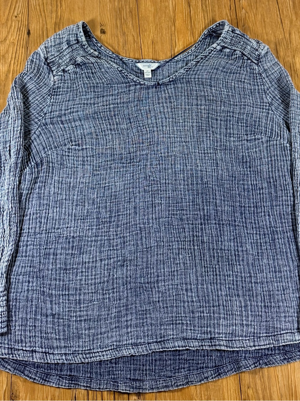 Terra & Sky 2X Blue Crinkle Cotton Gauze Top Plus Size Boho Long Sleeve Tunic